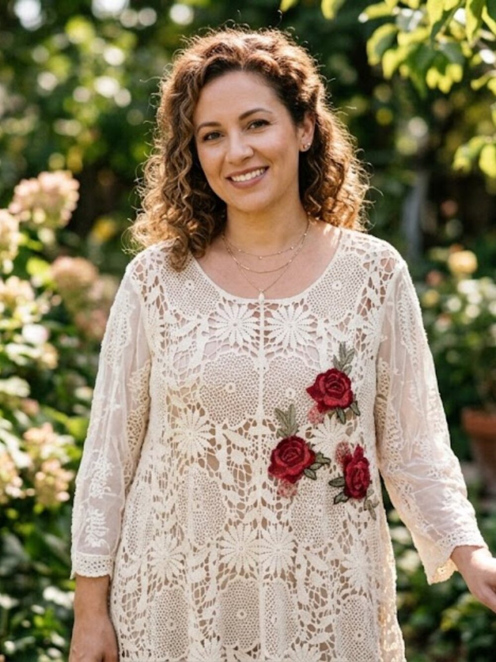 Bedford Fair Cream Crochet Lace Floral Tunic Top Red Rose Embroidery 2XL
